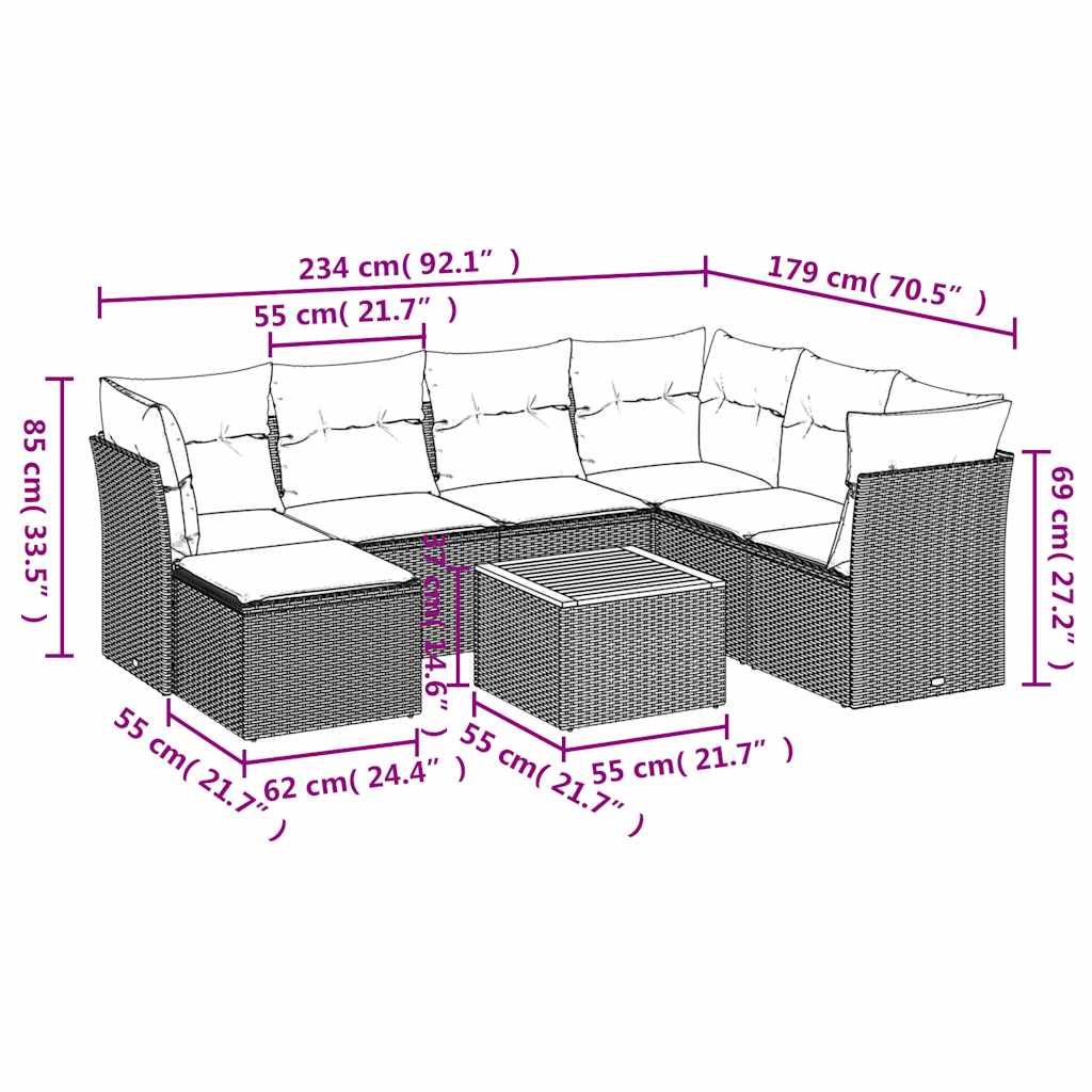 8-teiliges Gartensofa-Set mit Kissen, grau, Polyrattan