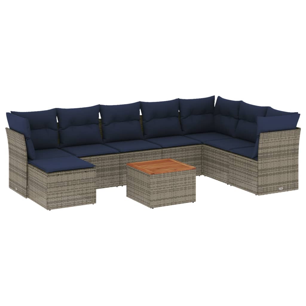 9-teiliges Gartensofa-Set mit Kissen, grau, Polyrattan