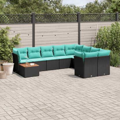 10-tlg. Garten-Sofagarnitur mit Kissen Schwarz Poly Rattan