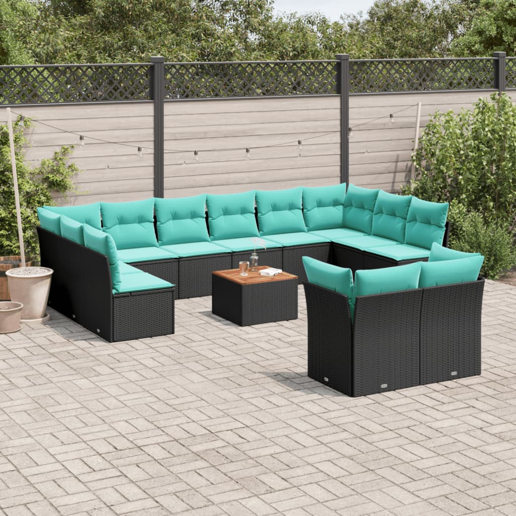 13-tlg. Garten-Sofagarnitur mit Kissen Schwarz Poly Rattan