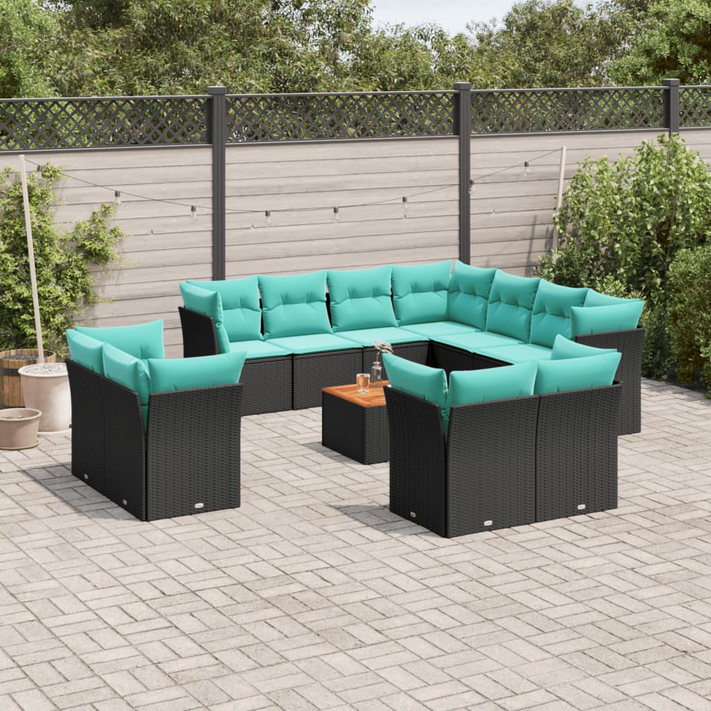 12-tlg. Garten-Sofagarnitur mit Kissen Schwarz Poly Rattan