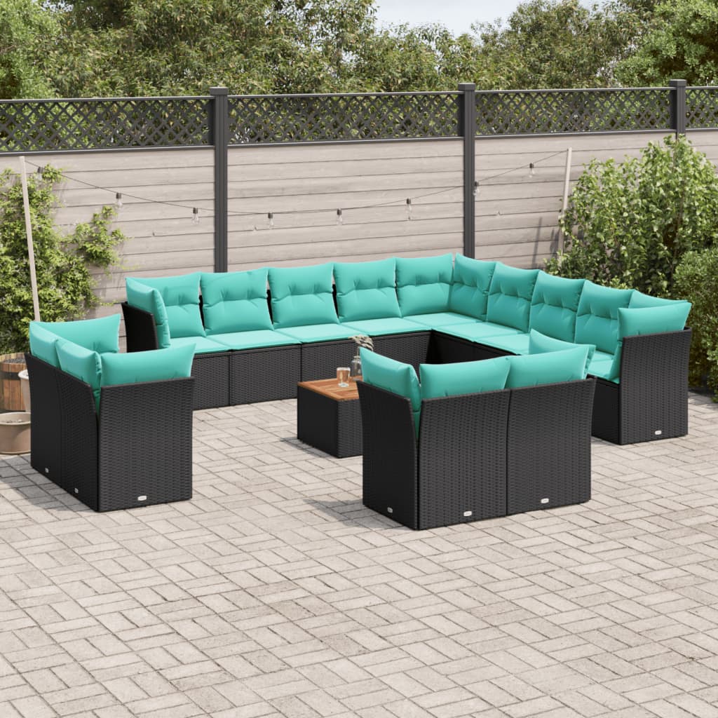 14-tlg. Garten-Sofagarnitur mit Kissen Schwarz Poly Rattan