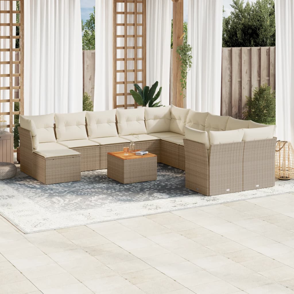 12-tlg. Garten-Sofagarnitur mit Kissen Beige Poly Rattan