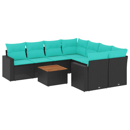 9-tlg. Garten-Sofagarnitur mit Kissen Schwarz Poly Rattan