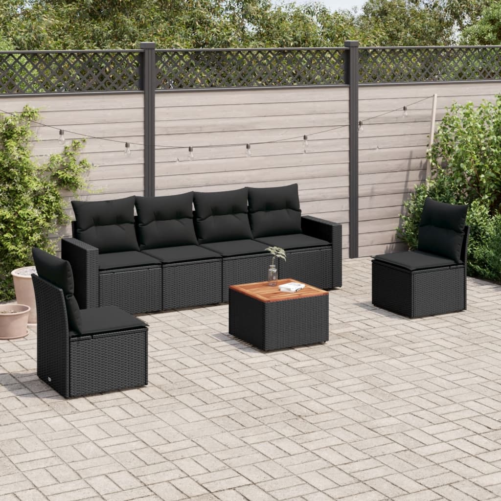 7-tlg. Garten-Sofagarnitur mit Kissen Schwarz Poly Rattan