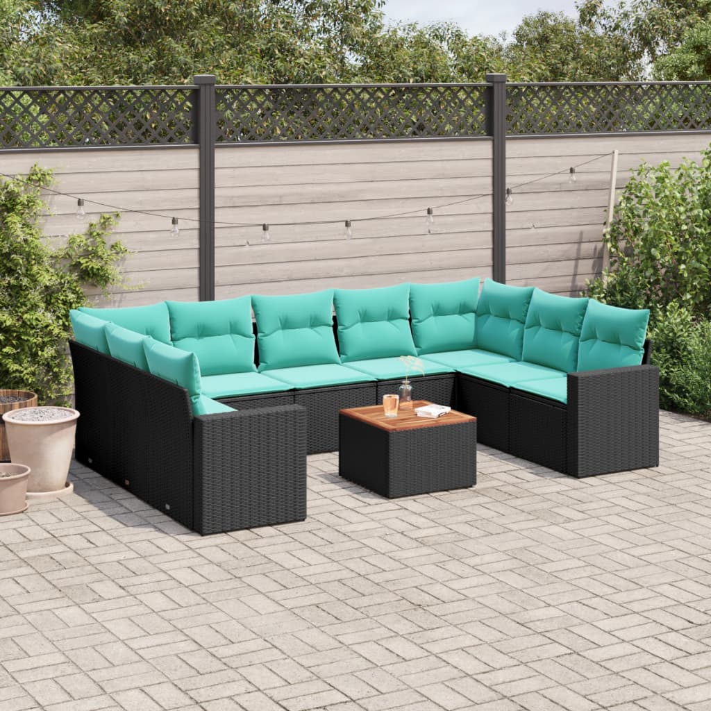 10-tlg. Garten-Sofagarnitur mit Kissen Schwarz Poly Rattan