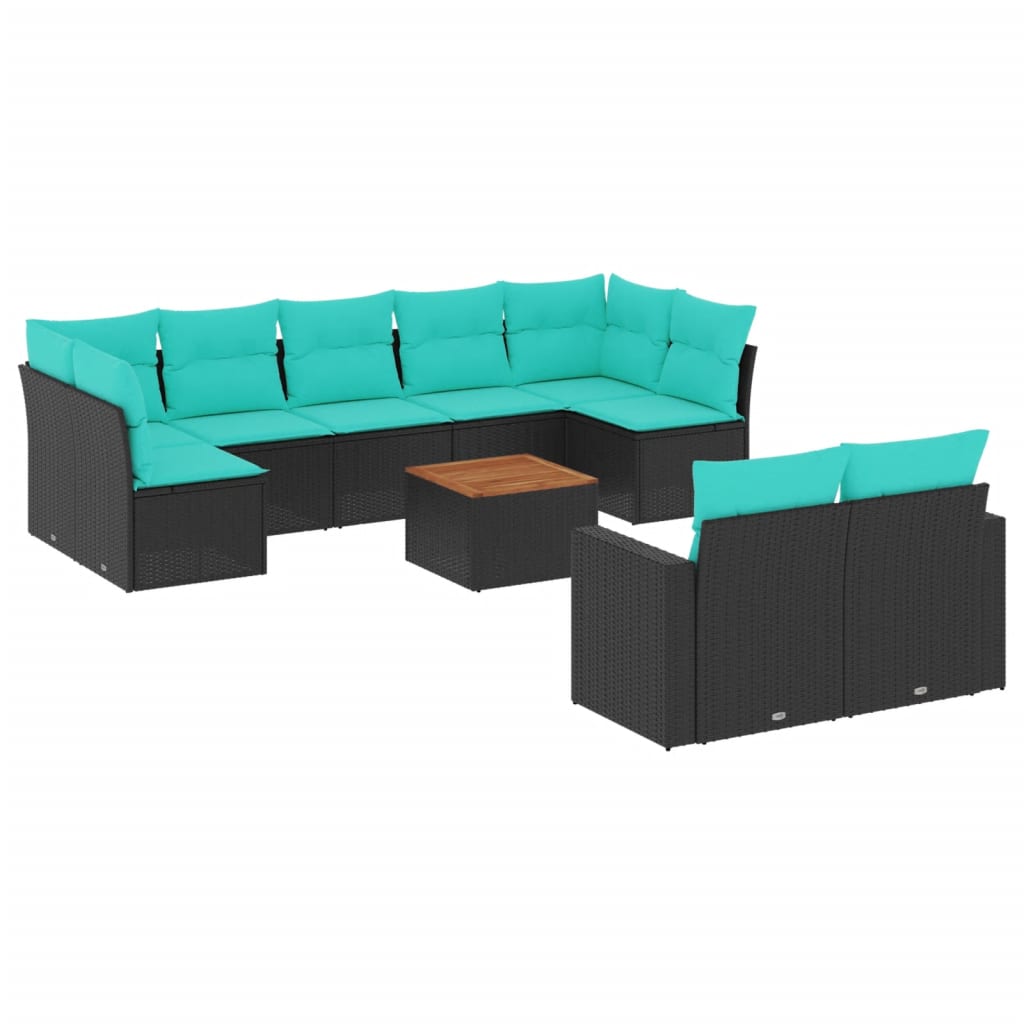 10-tlg. Garten-Sofagarnitur mit Kissen Schwarz Poly Rattan