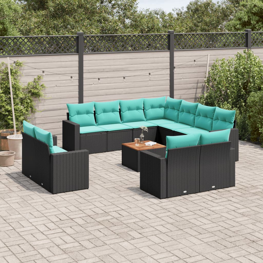 12-tlg. Garten-Sofagarnitur mit Kissen Schwarz Poly Rattan