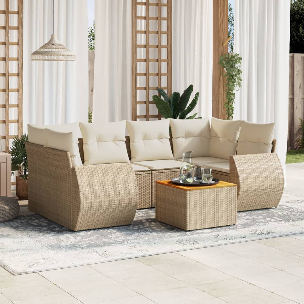 7-tlg. Garten-Sofagarnitur mit Kissen Beige Poly Rattan