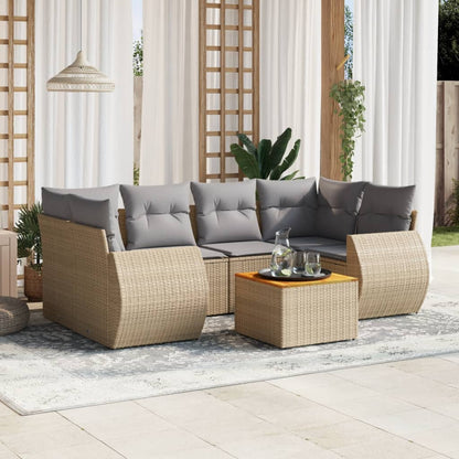 7-tlg. Garten-Sofagarnitur mit Kissen Beige Poly Rattan