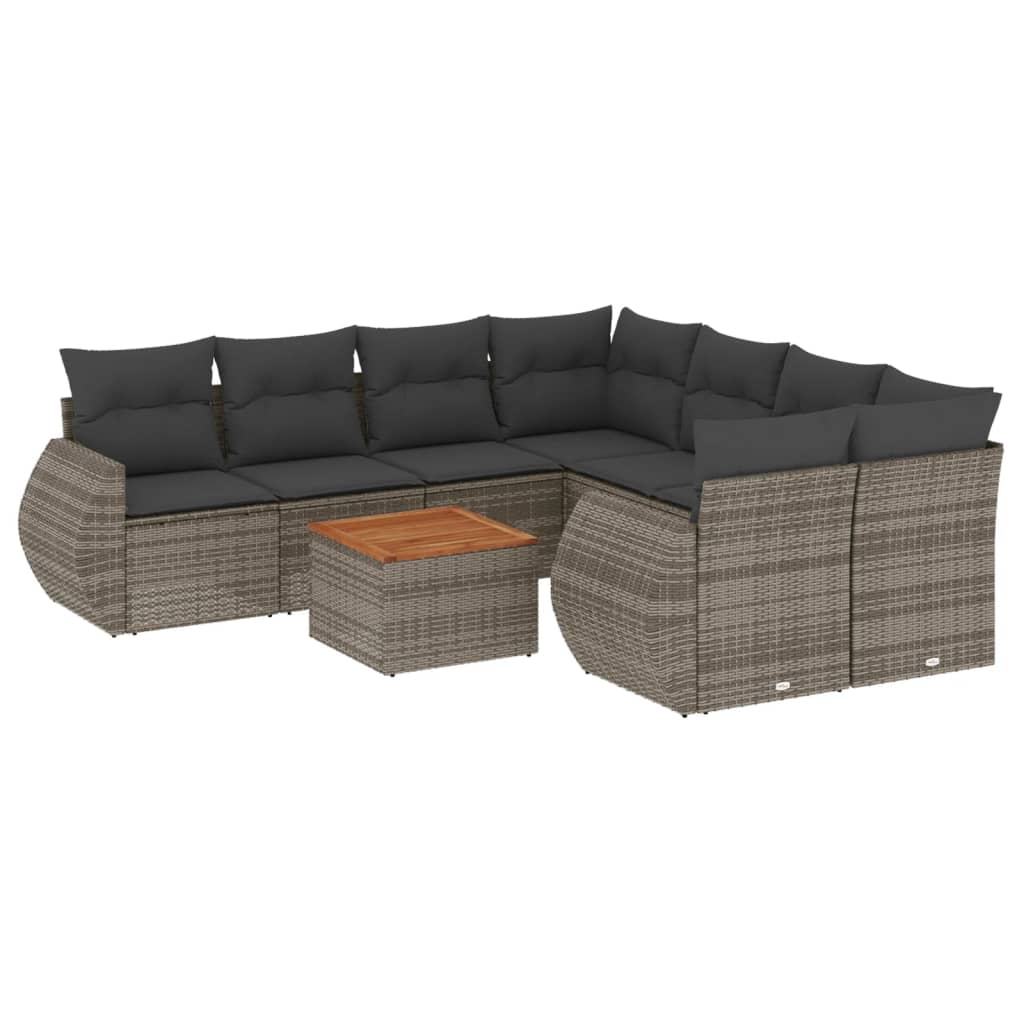9-tlg. Garten-Sofagarnitur mit Kissen Grau Poly Rattan