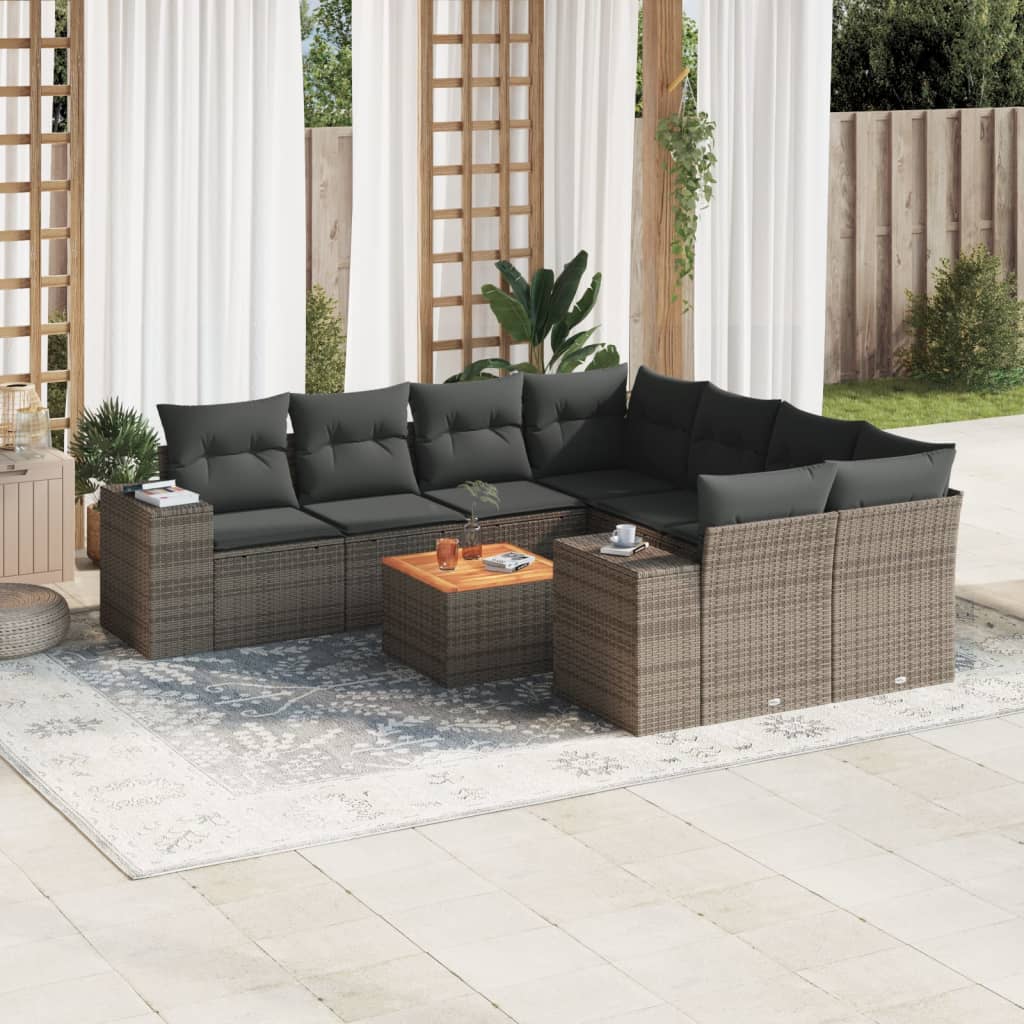 9-tlg. Garten-Sofagarnitur mit Kissen Grau Poly Rattan