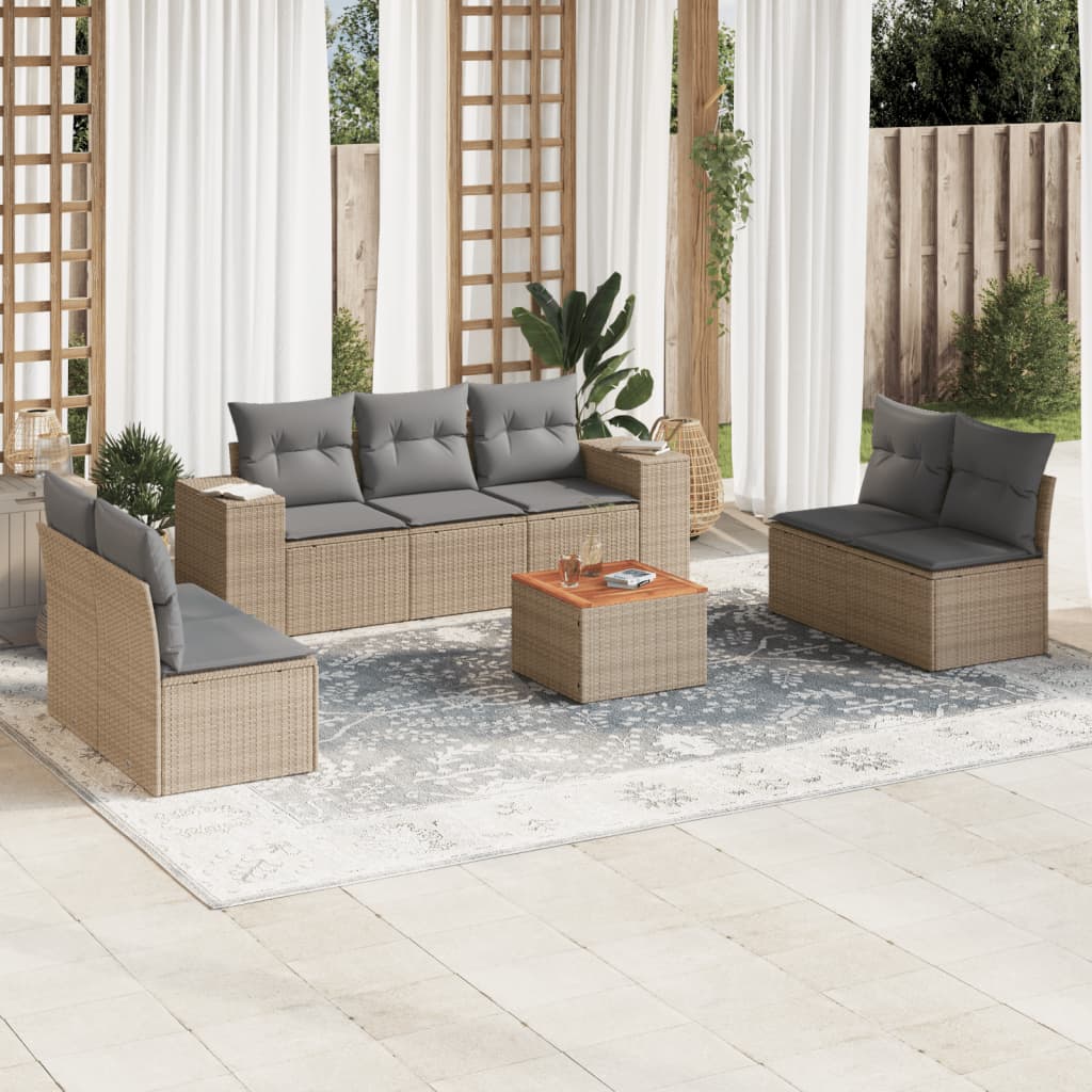 8-tlg. Garten-Sofagarnitur mit Kissen Beige Poly Rattan
