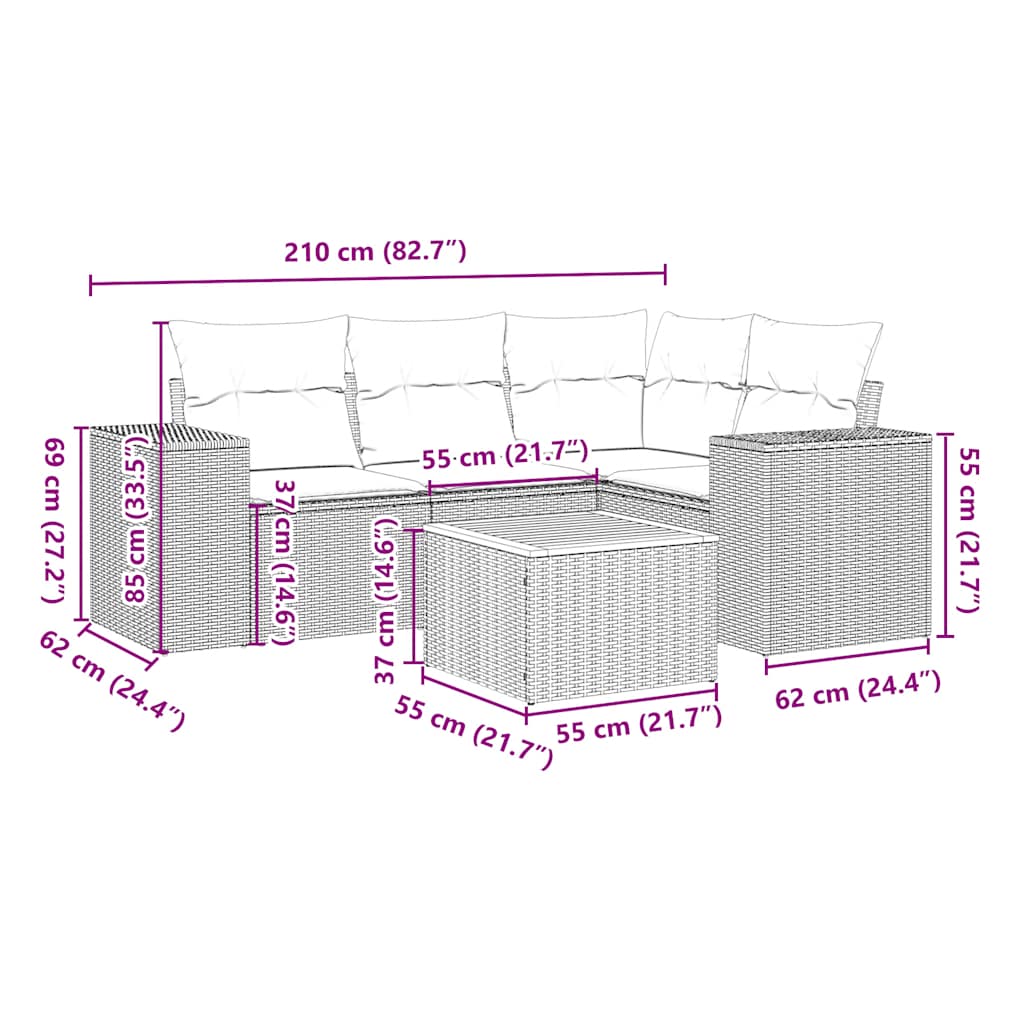 5-tlg. Garten-Sofagarnitur mit Kissen Schwarz Poly Rattan