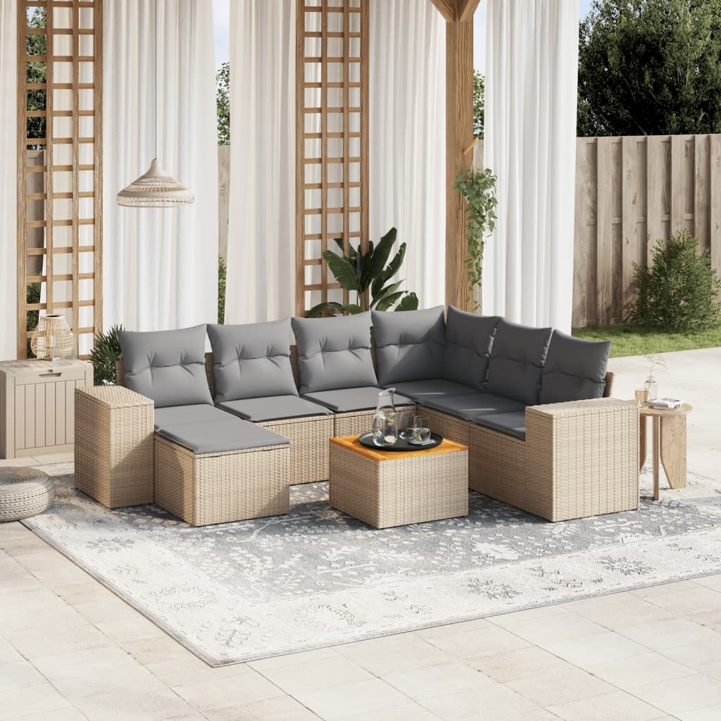 8-tlg. Garten-Sofagarnitur mit Kissen Beige Poly Rattan
