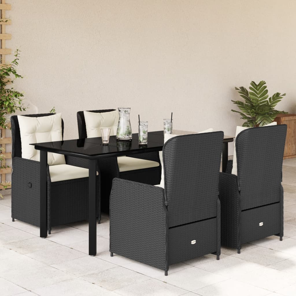 5-tlg. Garten-Essgruppe mit Kissen Schwarz Poly Rattan