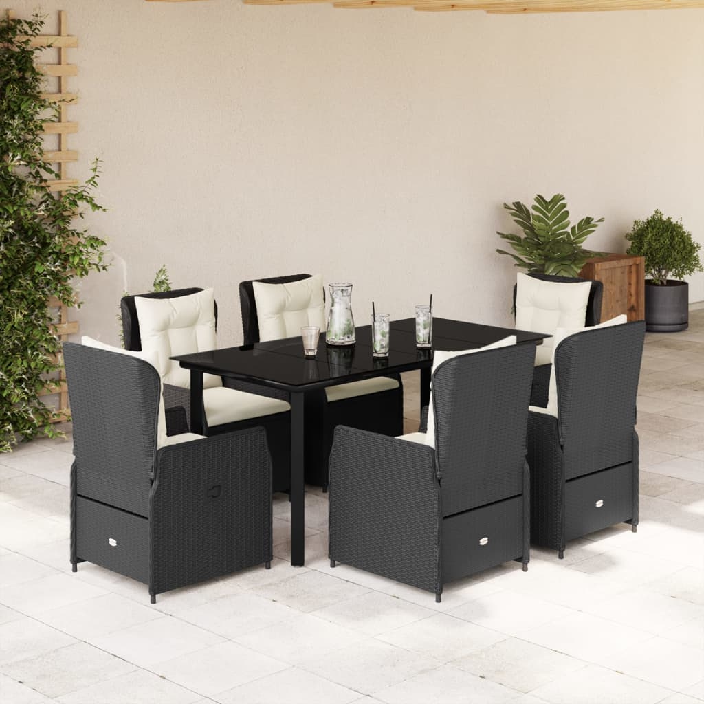7-tlg. Garten-Essgruppe mit Kissen Schwarz Poly Rattan