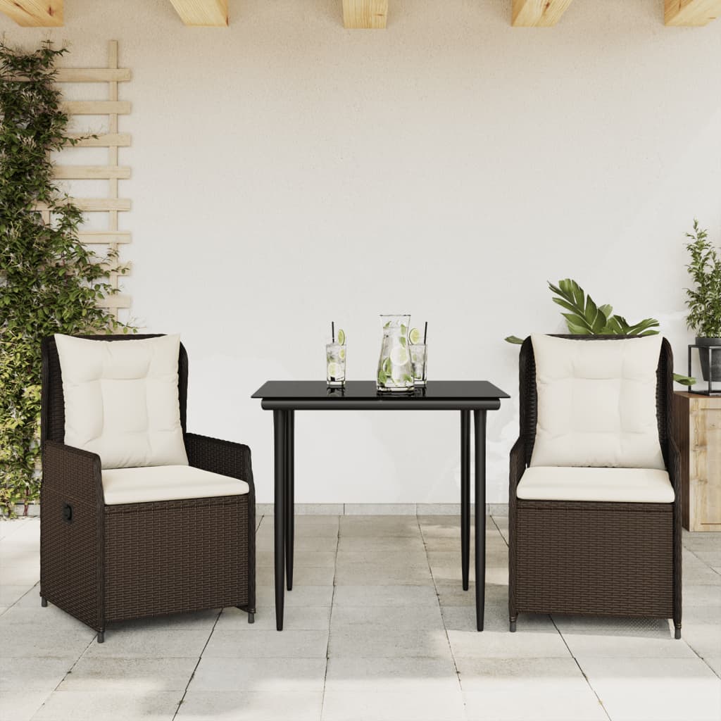 3-tlg. Garten-Essgruppe mit Kissen Braun Poly Rattan
