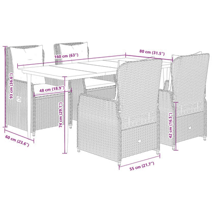 5-tlg. Garten-Essgruppe mit Kissen Braun Poly Rattan