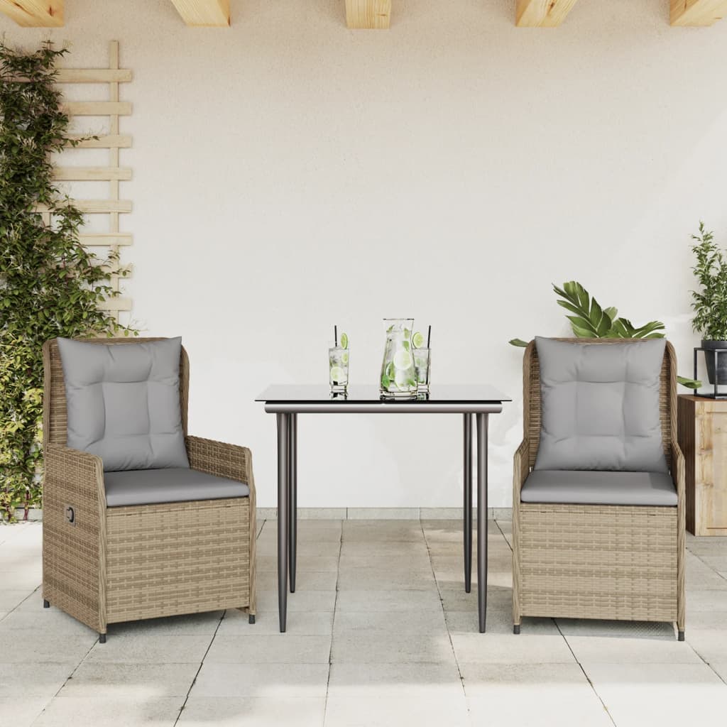 3-tlg. Garten-Essgruppe mit Kissen Beige Poly Rattan