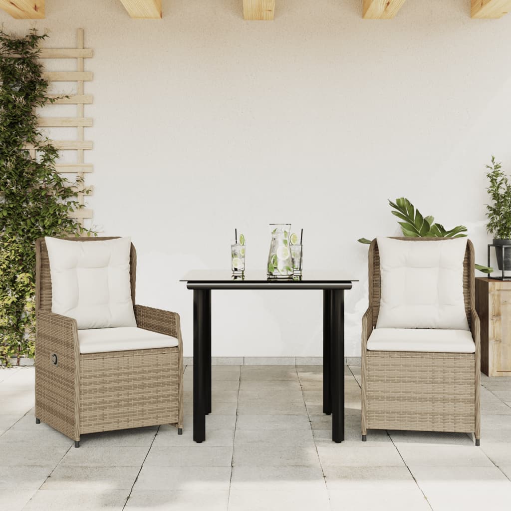3-tlg. Garten-Essgruppe mit Kissen Beige Poly Rattan