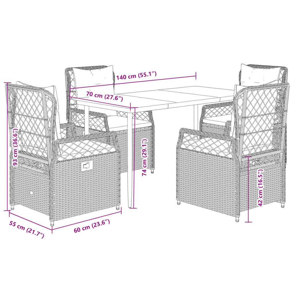 5-tlg. Garten-Essgruppe mit Kissen Schwarz Poly Rattan