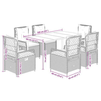 7-tlg. Garten-Essgruppe mit Kissen Schwarz Poly Rattan
