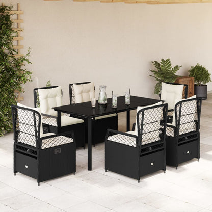 7-tlg. Garten-Essgruppe mit Kissen Schwarz Poly Rattan