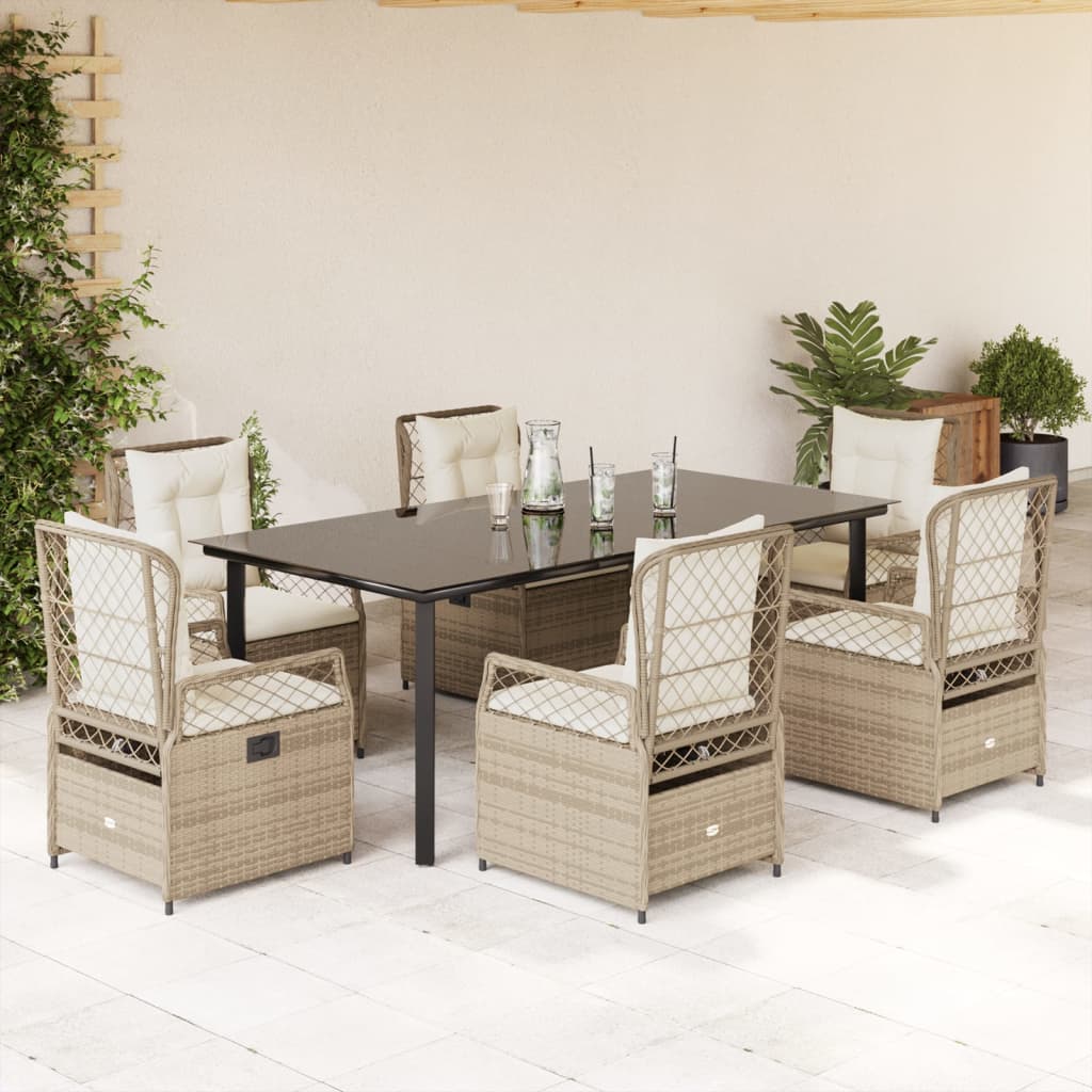 7-tlg. Garten-Essgruppe mit Kissen Beige Poly Rattan
