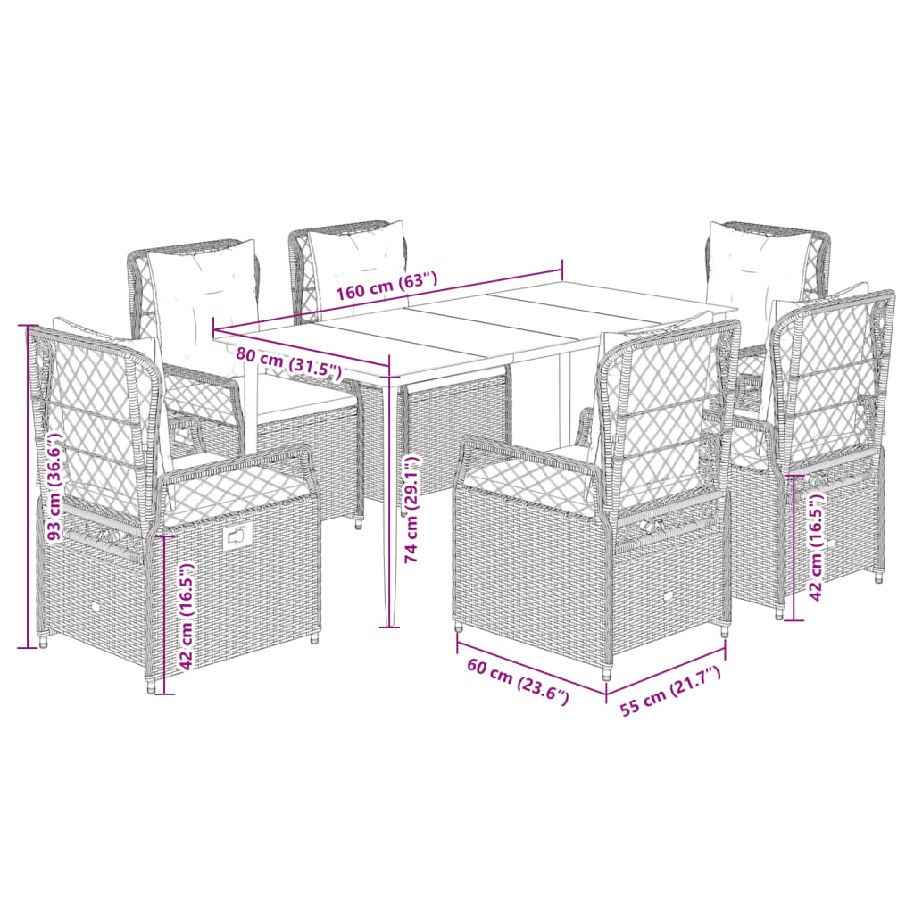 7-tlg. Garten-Essgruppe mit Kissen Hellgrau Poly Rattan