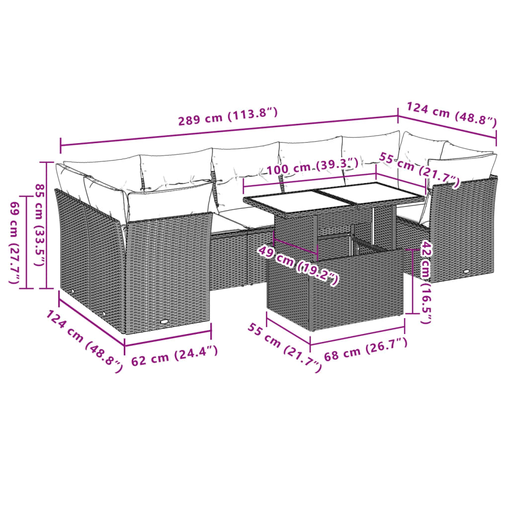 8-teiliges Gartensofa-Set mit Kissen, braun, Polyrattan