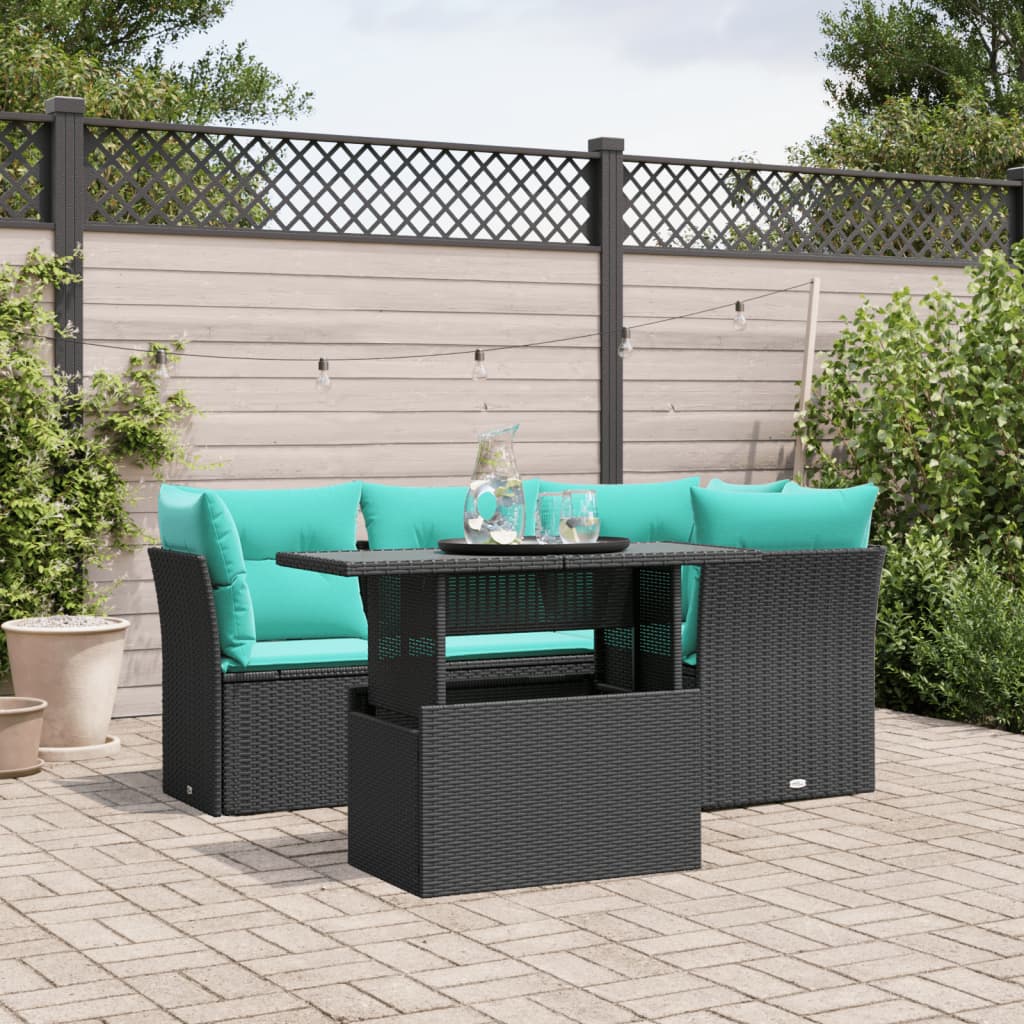 5-teiliges Gartensofa-Set mit Kissen, schwarzes Polyrattan