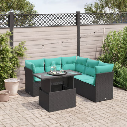6-teiliges Gartensofa-Set mit Kissen, schwarzes Polyrattan