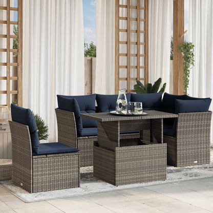 6-teiliges Gartensofa-Set mit Kissen, grau, Polyrattan