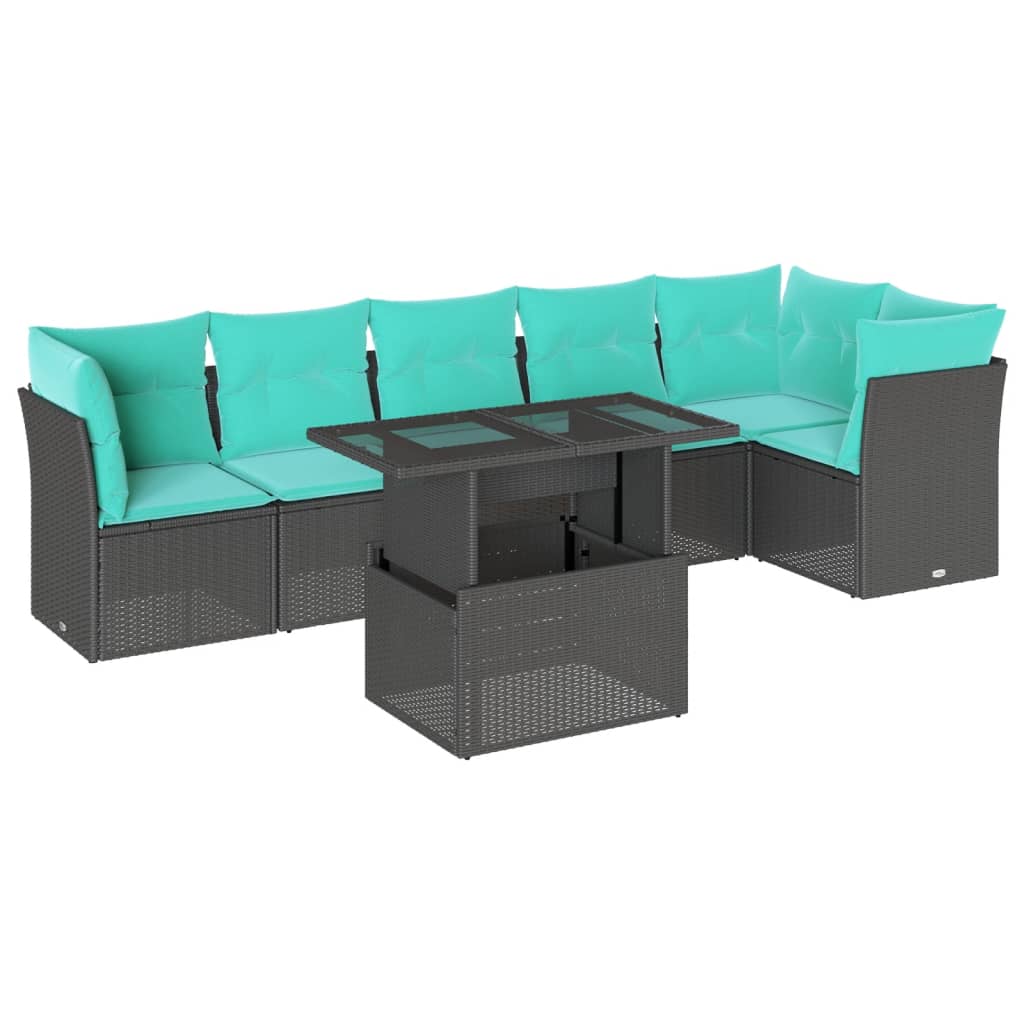 7-teiliges Gartensofa-Set mit Kissen, schwarzes Polyrattan