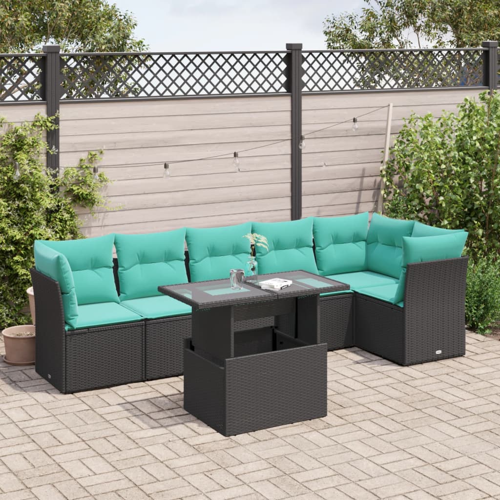 7-teiliges Gartensofa-Set mit Kissen, schwarzes Polyrattan