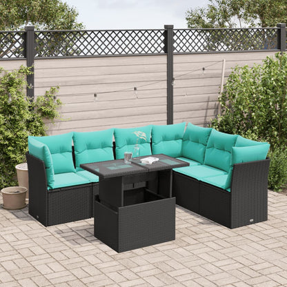 7-teiliges Gartensofa-Set mit Kissen, schwarzes Polyrattan