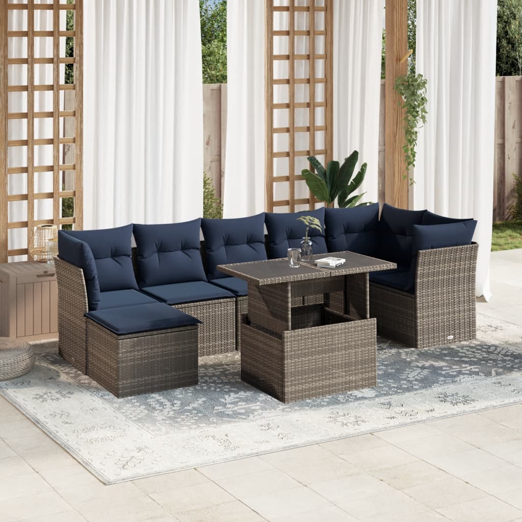8-teiliges Gartensofa-Set mit Kissen, grau, Polyrattan
