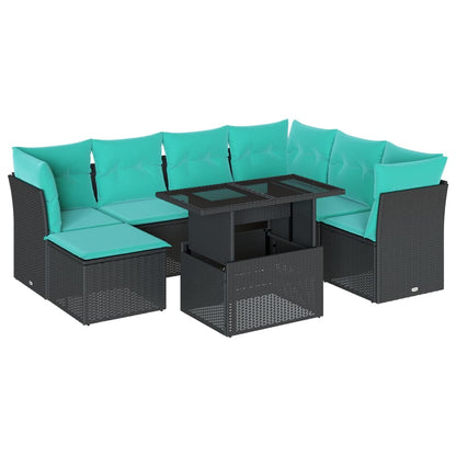 8-teiliges Gartensofa-Set mit Kissen, schwarzes Polyrattan