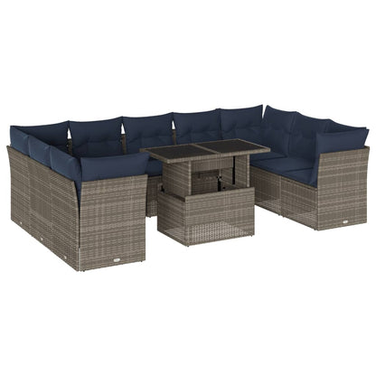 10-teiliges Gartensofa-Set mit Kissen, grau, Polyrattan