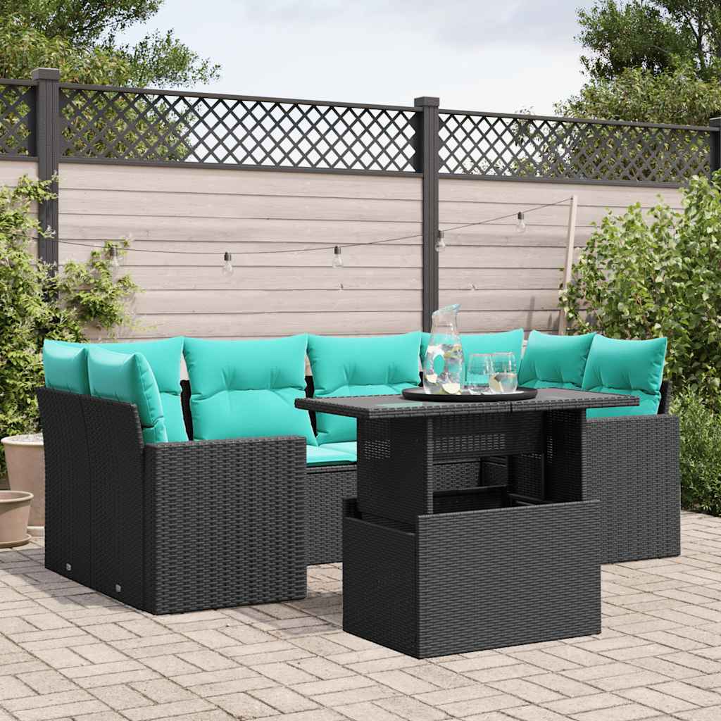7-teiliges Gartensofa-Set mit Kissen, schwarzes Polyrattan