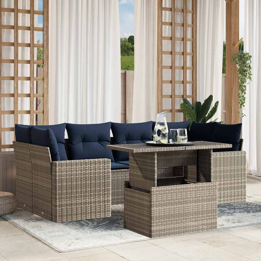 7-teiliges Gartensofa-Set mit Kissen, grau, Polyrattan