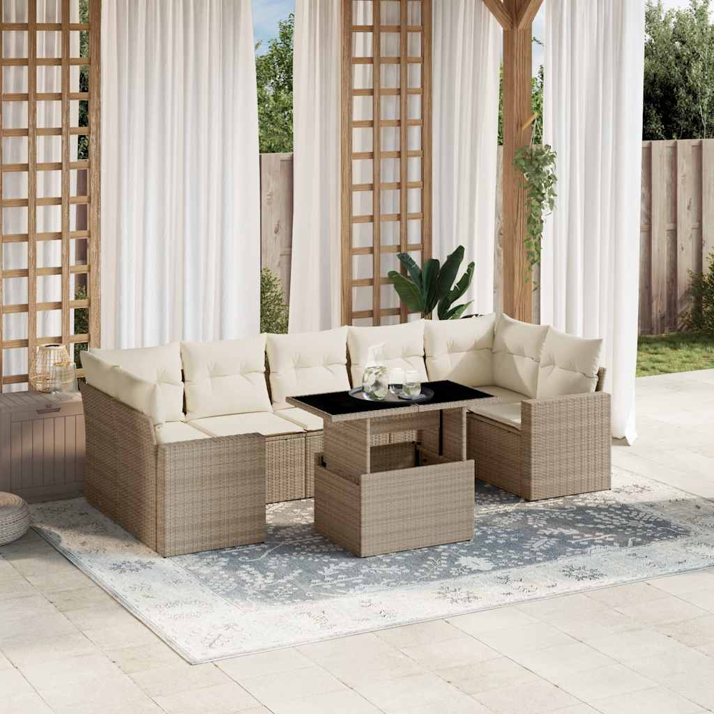 8-tlg. Garten-Sofagarnitur mit Kissen Beige Poly Rattan