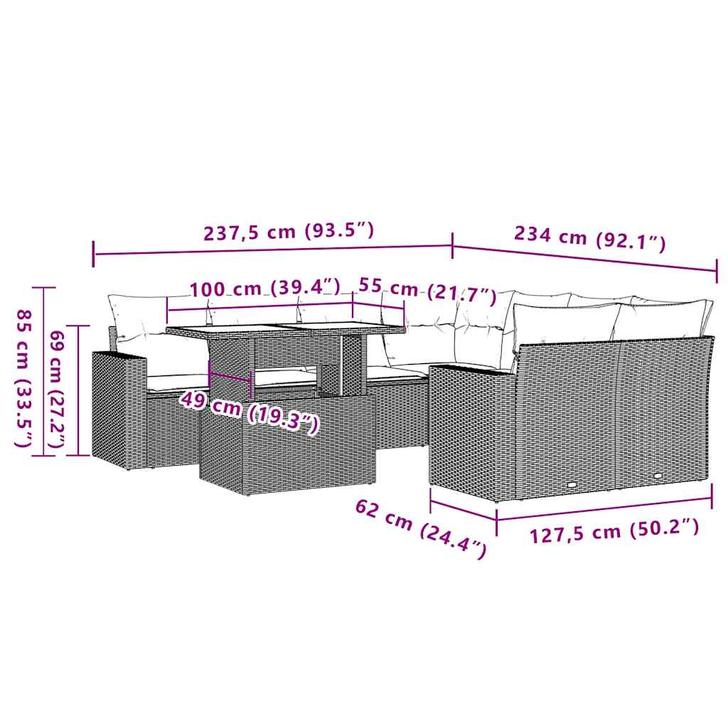 9-tlg. Garten-Sofagarnitur mit Kissen Beige Poly Rattan