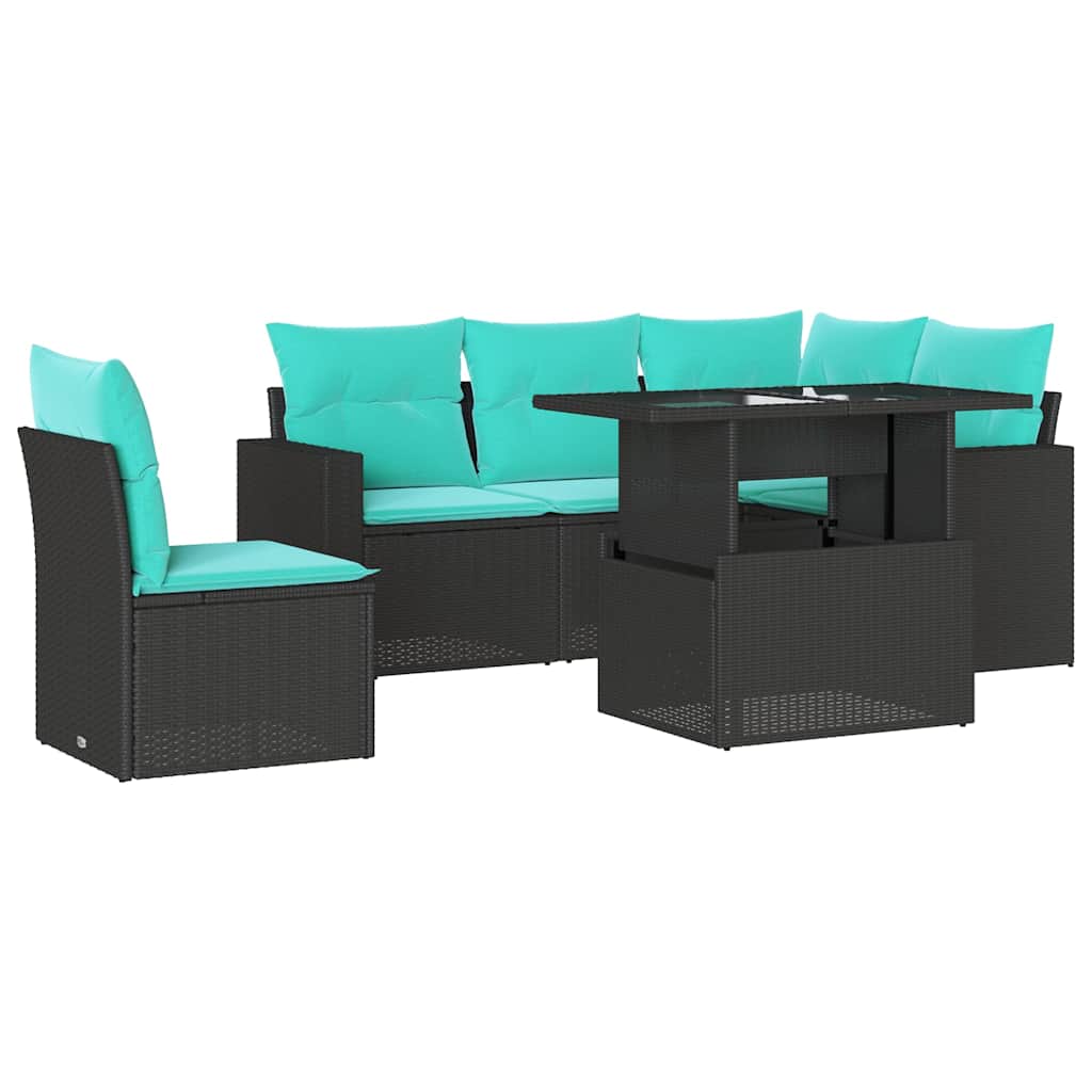 6-teiliges Gartensofa-Set mit Kissen, schwarzes Polyrattan