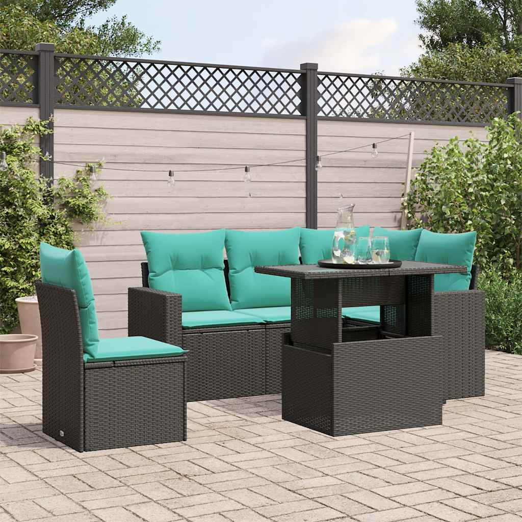6-teiliges Gartensofa-Set mit Kissen, schwarzes Polyrattan