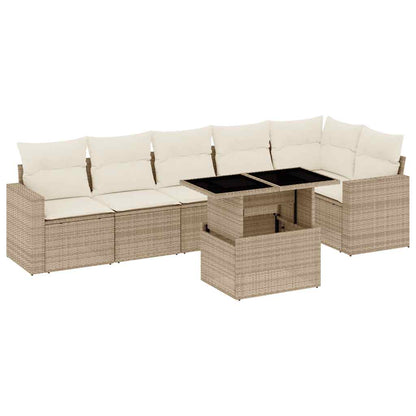 7-tlg. Garten-Sofagarnitur mit Kissen Beige Poly Rattan