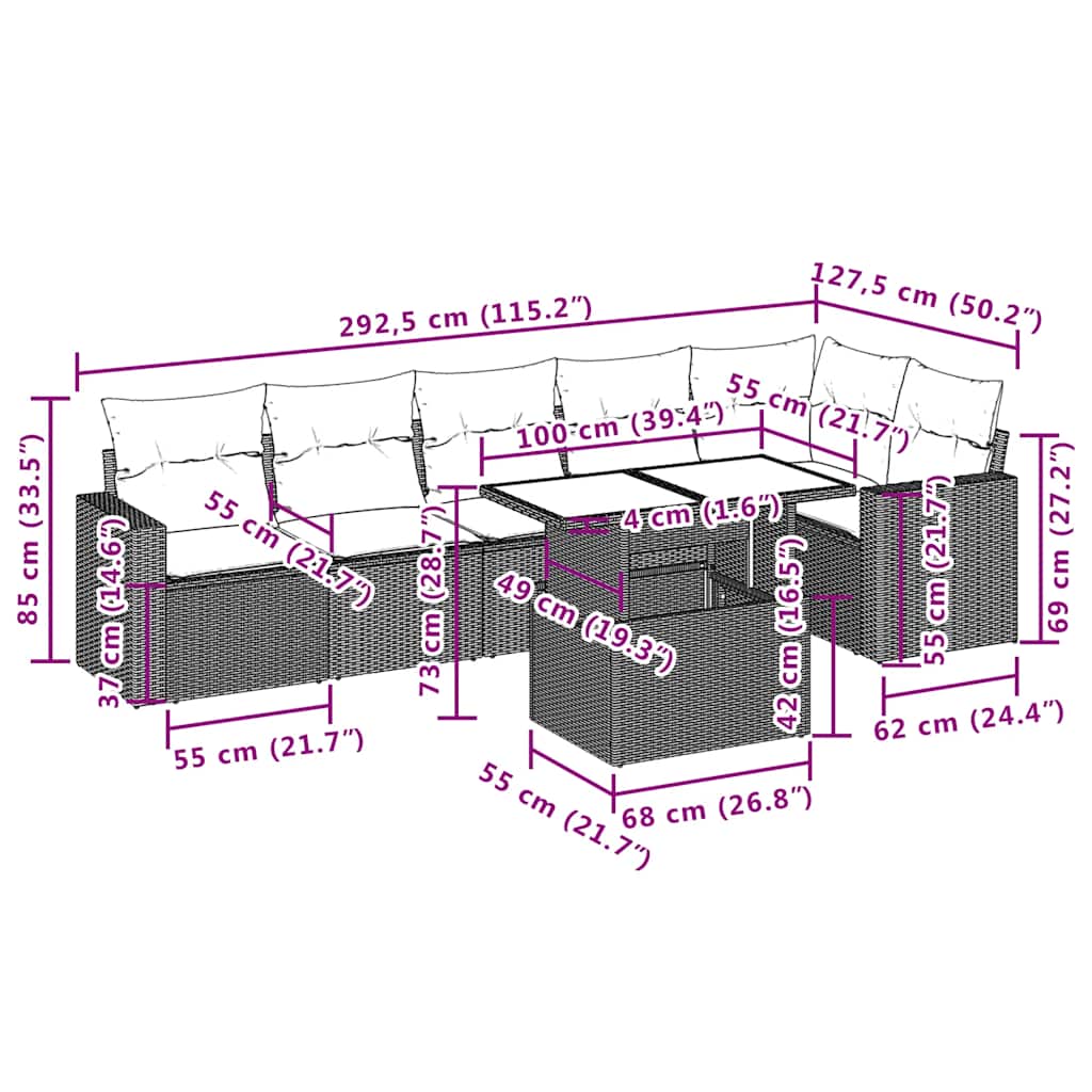 7-tlg. Garten-Sofagarnitur mit Kissen Beige Poly Rattan