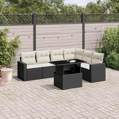 7-tlg. Garten-Sofagarnitur mit Kissen Schwarz Poly Rattan
