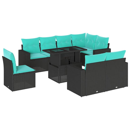 9-teiliges Gartensofa-Set mit Kissen, schwarzes Polyrattan